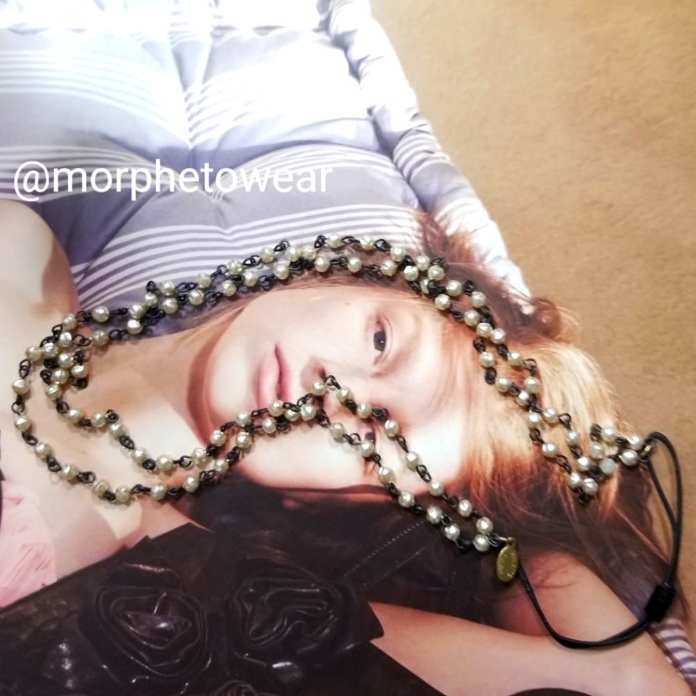 Vintage Colette Malouf headband petite white beads brass accent velvet attachmnt